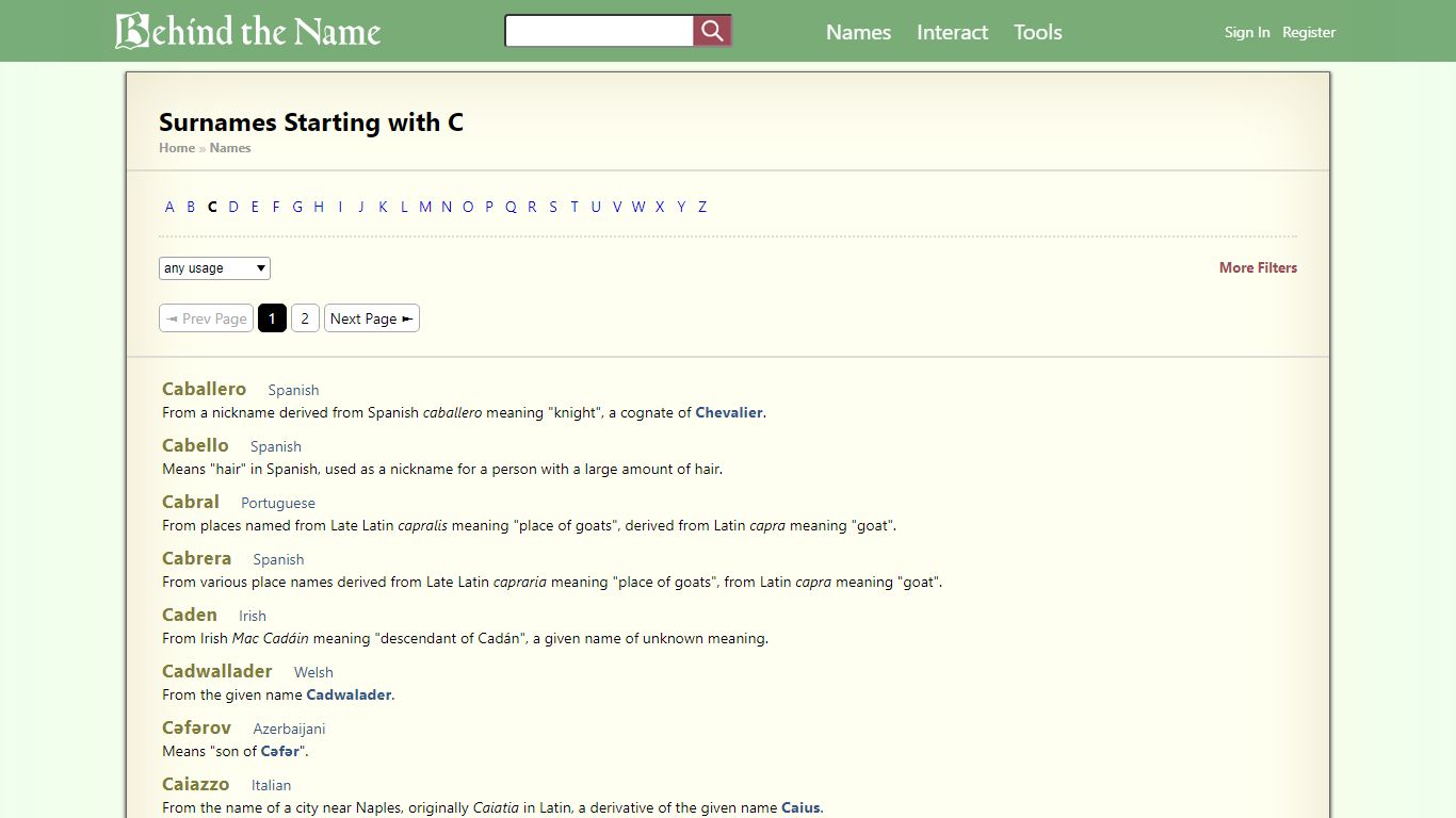 Surnames Starting with C - Behind the Name